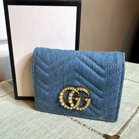❌SOLD❌LIKE NEW🔥 Gucci Denim Marmont Compact Wallet - Picture 1 of 12